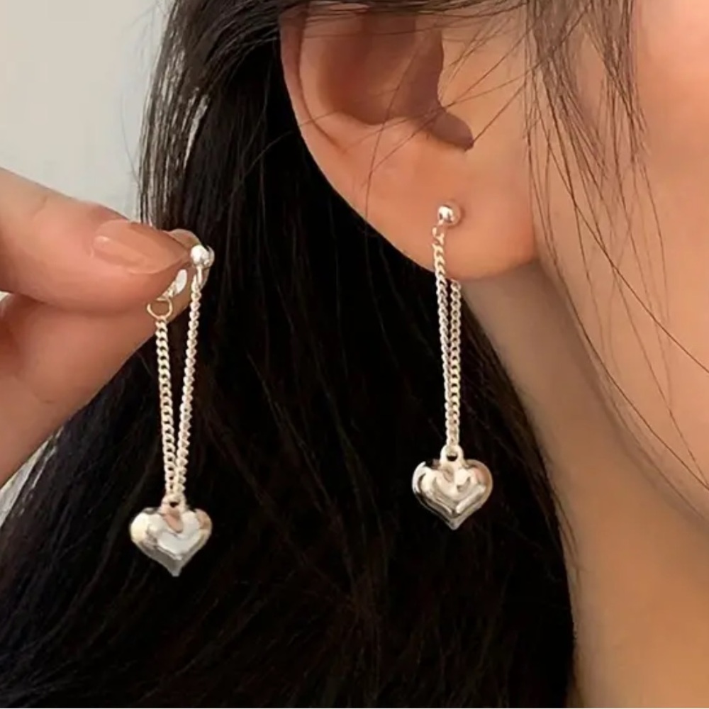 Silver heart on chain stud drop earrings love gift girlfriend wife valentines